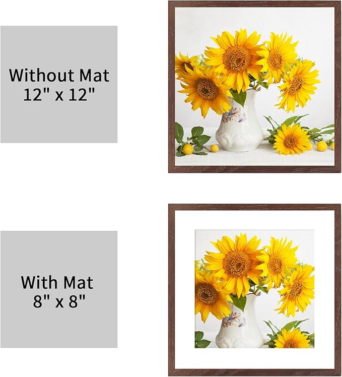 puthiac 12x12 Solid Oak Wood Picture Frame, Fits 8x8 with Mat or 12x12 Without Mat, Wall Display Only, Plexi Front, 3 Pack, Walnut