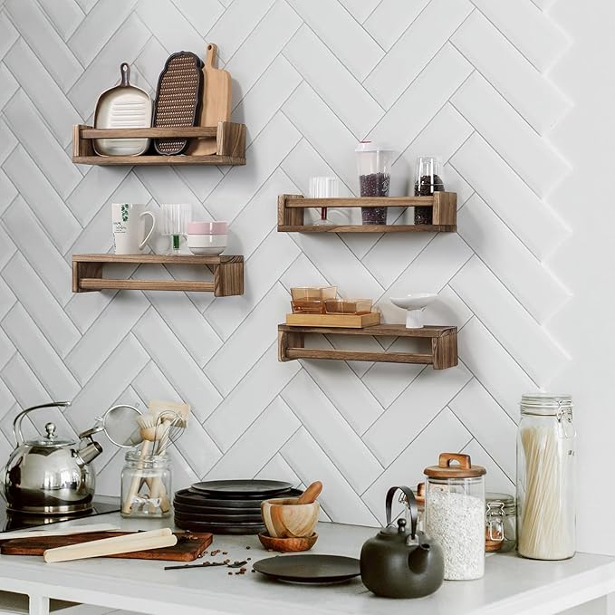 Nursery Room Shelves Set of 4, Wood Floating Book Shelves for Kids Room, Baby Book Shelf for Nursery, Kitchen Spice Rack (Carbonized)