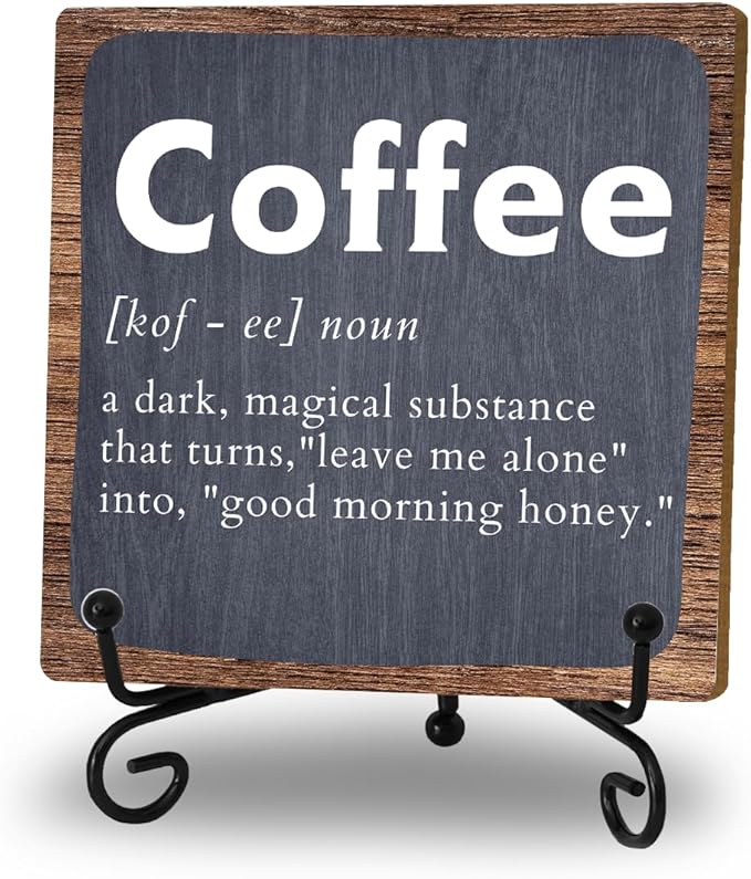 Coffee Bar Decor Accessories, Wooden Sign With Iron Stand For Farmhouse Home Kitchen Table, Coffee Sign for Farmhouse Home Cafe Kitchen Office Bar Shelf Table, Gifts for women Family Friend Coworker
