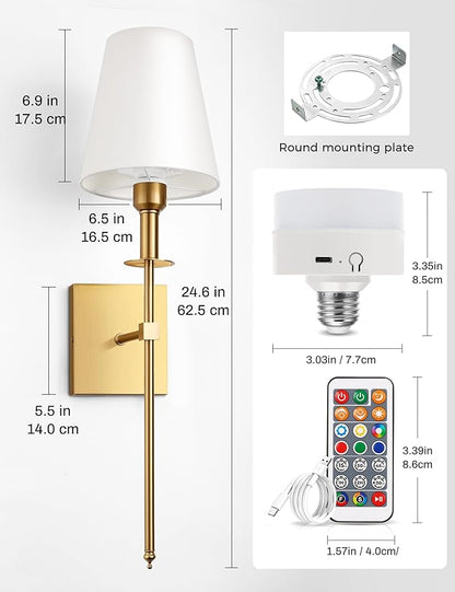 DORESshop Battery Operated Wall Sconce Set of 2, Gold Rechargeable Wall Lights Remote, Sconce Wall Decor Set of 2, 7 Colors Wireless Sconces for Bedroom Living Room Hallway