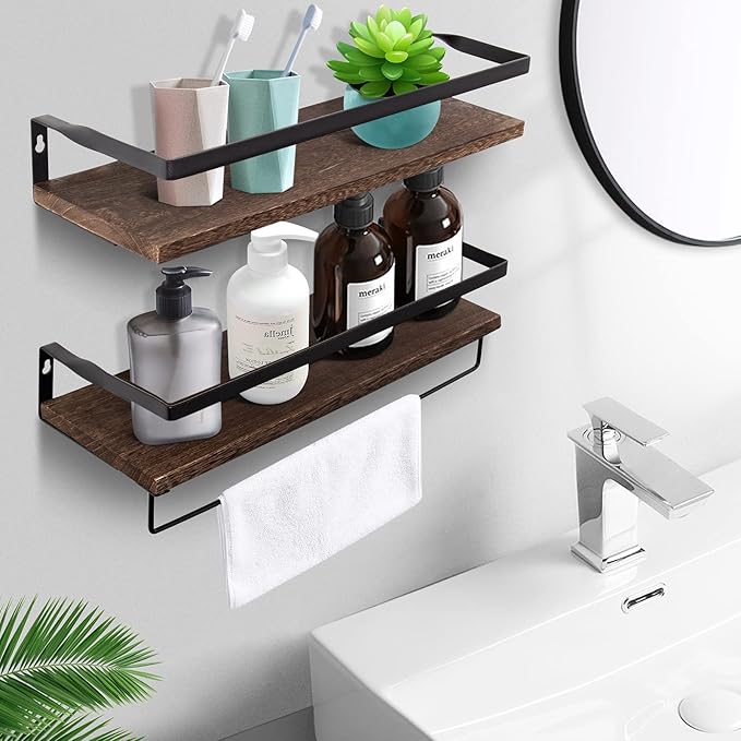 AGM Floating Shelves, 16.5 Bathroom Floating Shelf Set of 2, Carbonized Black Wall Storage Shelf with Towel Bar, Wall Mounted Shelves for Plants, Book, Bedroom, Kitchen, Living Room Decoration