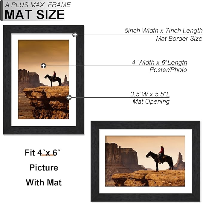A PLUS MAX 5x7 Picture Frame, Engineered Wood Frame Display Photo 4x6 with Mat or 5 x 7 without Mat, 5 by 7 Frame with Black Wood Grain for Wall - 1 Pack/Black/5