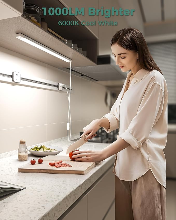 ASOKO 25Inch Under Cabinet Lights,Plug and Play Under Counter Lighting,6000K Cool White with 1000LM Super Bright,ETL Light Bar with ON/Off Switch for Kitchen,Under Desk,Workbench