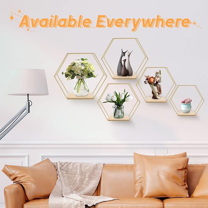 Wall Mounted Hexagonal Floating Shelves Set of 5 in Different Sizes, Modern Metal Shelf, Simple Wood Partition Storage Shelves, Gold Decor Rack for Bedroom, Living Room, Kitchen and Office