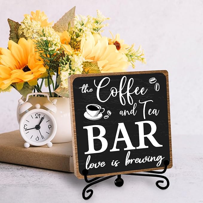 Toerifer Coffee Bar Decor, Funny Coffee Sign, Wooden Table Display, 5x5 Inches, Black, Rustic