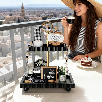 Cute Farmhouse Coffee Bar Decor Set for Tiered Tray, Rustic Black White Coffee Decorations with Gnome, Bead Garland & Rolling Pin, Coffee Bar Accessories for Kitchen Counter