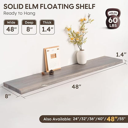 Live Edge Floating Shelf, 48 Inch Solid Elm Wood - Weathered Gray Rustic Wood Wall Shelf with Invisible Brackets for Living Room, Kitchen, Bathroom