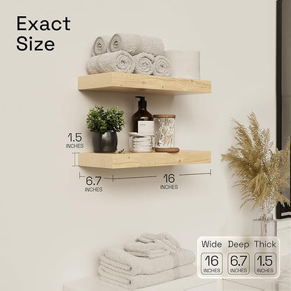 BAOBAB WORKSHOP Wood Floating Shelves for Bathroom Wall, Rustic Shelf 16 inch, Floating Wooden Shelves for Bedroom Kitchen Living Room, Natural Wood Shelves, 16 x 6.7 Inch, Set of 2
