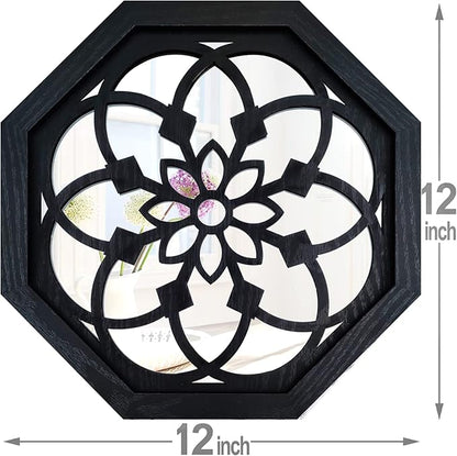 2-Piece Octagon Wall-Mounted Mirrors,Vintage Farmhouse Mirror for Wall Decor,Black Decorative Accent Mirror for Foyer, Bathroom, Bedroom. (12”x12”)
