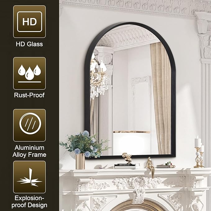 Black Arched Bathroom Wall Mirror Brushed Metal Vanity Wall Mounted Mirror for LivingRoom Bedroom Entryway Room vanity Home Decor 28"x20"