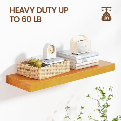 Heimlove 24 Inch Floating Shelves for Wall Brown Shelves Set of 2,Wall Mounted Rustic Wood 8 Inch Deep Floating Shelf with Invisible Brackets for Bedroom Kitchen Living Room