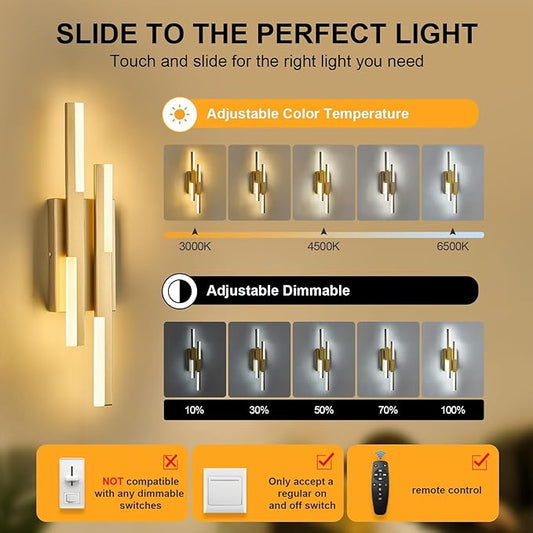 Modern LED Vanity Lights Set of 2, Gold Wall Sconce with Remote Control Dimmable Indoor Wall Light Bedside Remote Sconce for Bedroom Bathroom Living Dining Room (2 Pack H19.7’’)