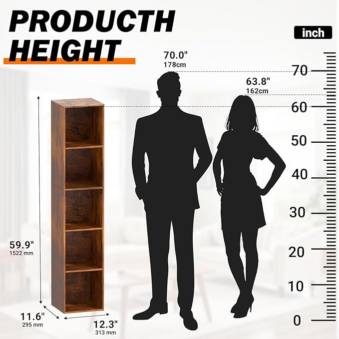 5 Cube Storage Organizer, 5 Tier Cube Low Bookcase Freestanding Storage Display Organizer, Five-Cubes Open Shelf Bookshelf for Home Office (Retro Brown, 5-Cube)