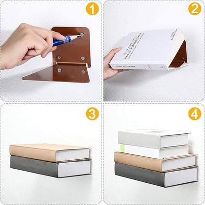 Jetec 6 Pack Invisible Floating Bookshelf Wall Mounted Floating Bookshelves Heavy Duty Book Organizers Hidden Book Shelf Metal Shelves Holder for Books Bedroom Living Room Home Office (Brown)