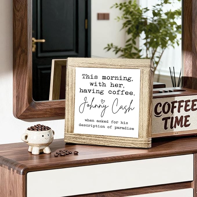 Wooden Coffees Sign This Morning With Her Having Coffee Rustic Style Coffees Quote Cafe Wall Art Ideal Coffee Lover Gift For Home Office Kitchen Bar Decor Square Farmhouse Style Wood Sign 5.9x5.9 Inch