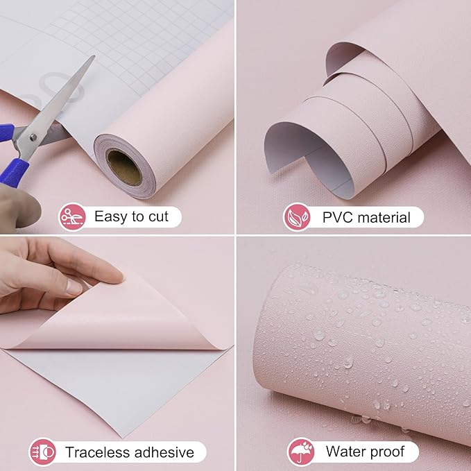 Amiya Pink Peel and Stick Wallpaper Solid Color Textured Contact Paper Pure Pink Self Adhesive Wallpaper Matte Removable Wall Paper Decorative Walls Decal Vinyl Roll A Set of15.7×236"
