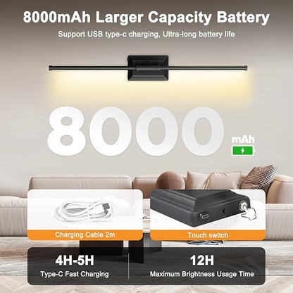 Battery Operated Wireless Wall Sconce - Modern Rechargeable Led Sconces in Black Gold Silver - Bedroom Decor Stick On Lights Set of 2 - Long Indoor Living Room Bathroom Remote Wall Light