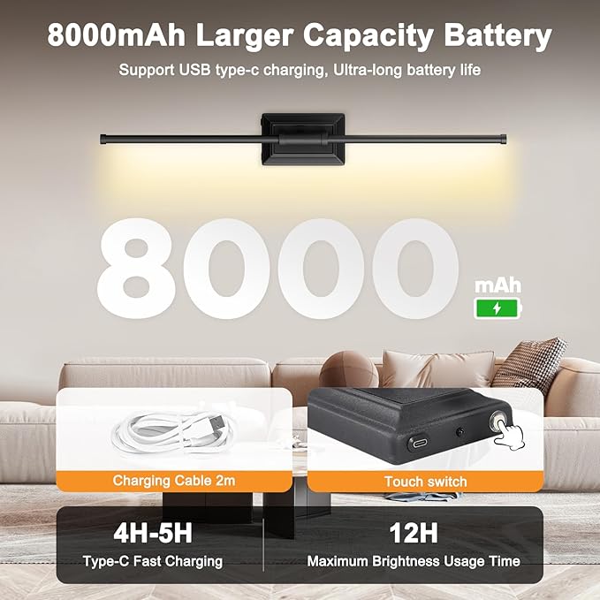 Battery Operated Wireless Wall Sconce - Modern Rechargeable Led Sconces in Black Gold Silver - Bedroom Decor Stick On Lights Set of 1 - Long Indoor Living Room Bathroom Remote Wall Light