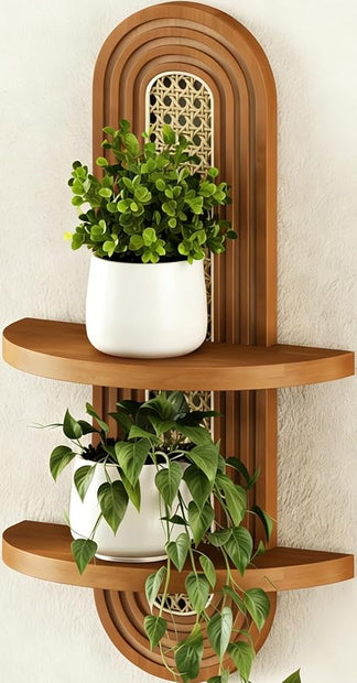 Floating Shelves for Wall,Boho Home Wall Decor,2-Tier Rattan Plant Shelf,Mid Century Hanging Small Decorative Shelf,Natural Wood Shelves for Living Room,Bedroom,House,Office,1-Pack (Walnut)
