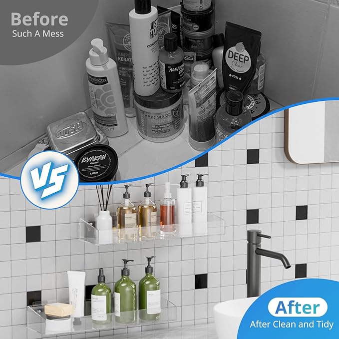 2Pack Acrylic Shower Shelves, Adhesive Bathroom Shower Caddy Organizer, No Drilling/Drilling Wall Floating Shelves for Bathroom Storage Kitchen Home Décor, No Hook