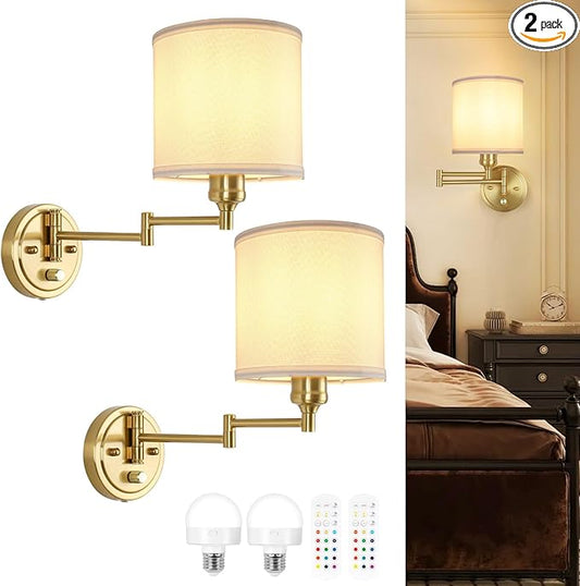 Battery Operated Wall Sconce with Remote Control, 15 Colors Dimmable Wireless Wall Sconces Set of Two, Rechargeable Cordless Wall Sconce Light, Swing Arm Wall Lamp with White Fabric Shade