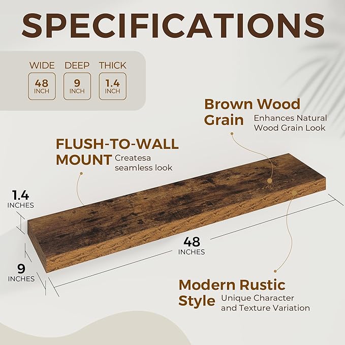 Dreamland 48 Inches Floating Shelves for Wall, 9.3 Inch Deep Floating Shelves Set of 2, Large Display & Storage Shelf, Wall Shelf for Bathroom Bedroom Living Room Kitchen Office,Rustic Brown