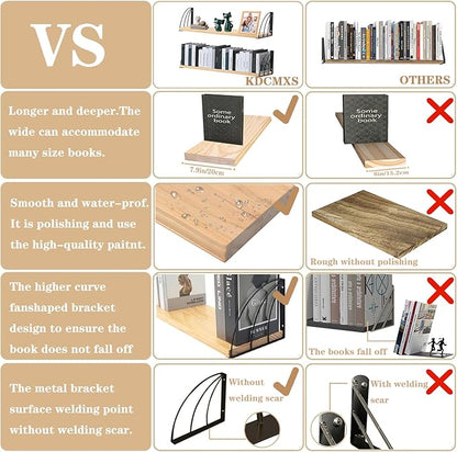 Book Shelf for Wall,7.87" D x23.5 W Natural Wood Floating Shelf Set of 2,Wooden Shelves for Wall, Wall Mounted Bookshelf,Rustic Hanging Bookshelf for Wall,Office,Bedroom- No Stain-Natural Unfinished