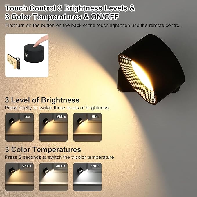 Lightess Rechargeable Wall Lights with Remote, 5000mAh Battery Operated Wall Sconce Set of 2, 19 Colors Dimmable Wall Mount Light, 360° Rotation Cordless Wall Lamps for Bedroom Bedside Hallway, Black