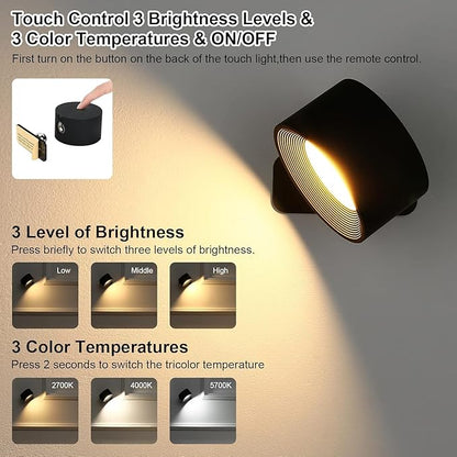Lightess Rechargeable Wall Lights with Remote, 5000mAh Battery Operated Wall Sconce Set of 2, 19 Colors Dimmable Wall Mount Light, 360° Rotation Cordless Wall Lamps for Bedroom Bedside Hallway, Black