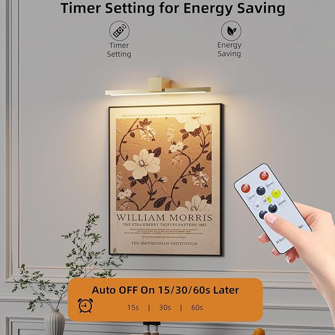 Picture Lights for Wall,Battery Operated Art Light,16in Gallery Light for Paintings,3CCT Dimmable,Metal Finish Recharging Battery Wall Light with Remote Control for Living Room Gallery(Gold)