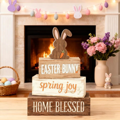 Easter Decorations - Easter Bunny Tiered Tray Decor Set - Wooden Easter Tabletop Decoration - Rustic Farmhouse Spring Home Decor Indoor for Tiered Tray Shelf Mantel Coffee Table Gift - Spring Home Decor for Living Room, Kitchen Counter