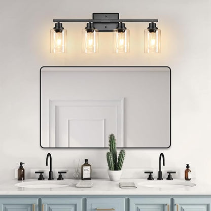 Ascher Bathroom Light Fixtures, 4-Light Vanity Lights with Clear Glass Shade, Modern Black Finish Wall Light for Mirror Bedroom Hallway Cabinet Porch