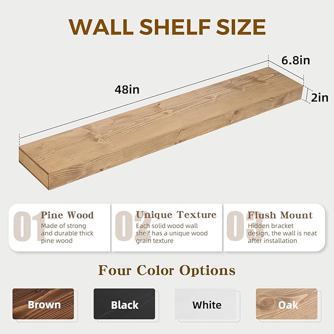 48x6.8x2in Floating Shelf – Natural Oak Solid Wood Rustic Mounted Shelf – Heavy Duty Decorative Storage for Living Room, Kitchen, Bathroom, Bedroom