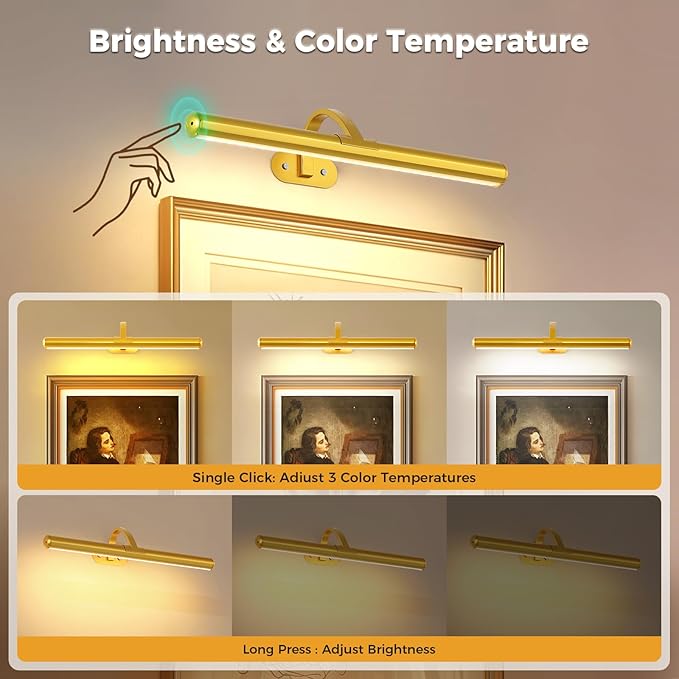 Joossnwell 16.54 Inch Touch Control Picture Light, Gold Rechargeable Battery Wall Sconce, Magnetic 3 CCT Dimmable Art Display Lamp for Large Painting, Dartboard, Portrait and Reading