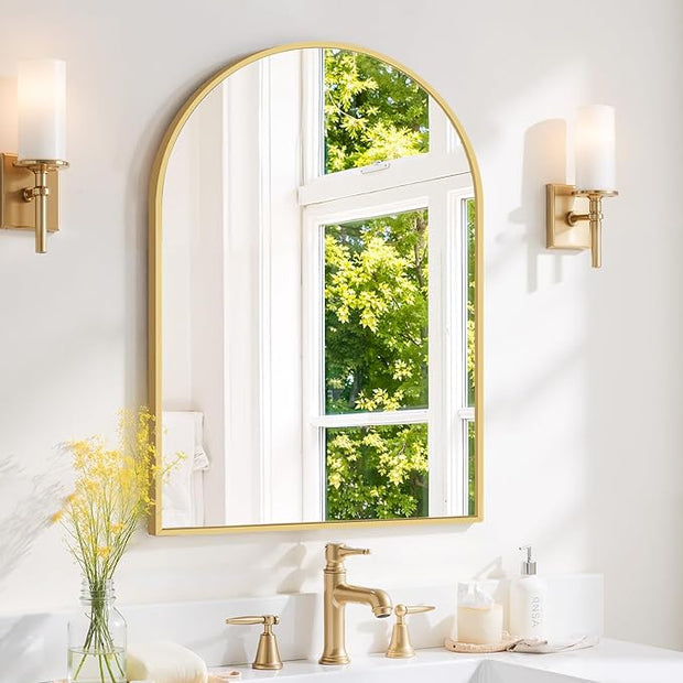 Arched Wall Mirror 30x20 Inch Gold Bathroom Vanity Mirror with Metal Frame, Modern Arch Mirror for Bedroom, Living Room, Entryway, Wall Mounted Decorative Mirror