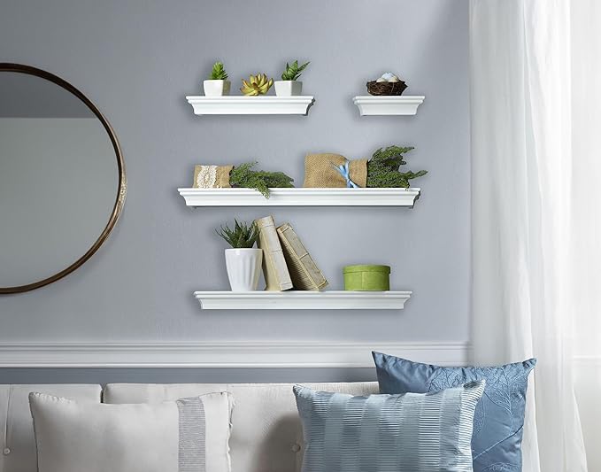 MELANNCO Floating Wall Shelves Set of 4, White Wood Display Shelves for Wall, Includes 6, 12, 20 and 24 Inch Sizes with Raised Edges and Mounting Hardware for Room Decor, Home Decor