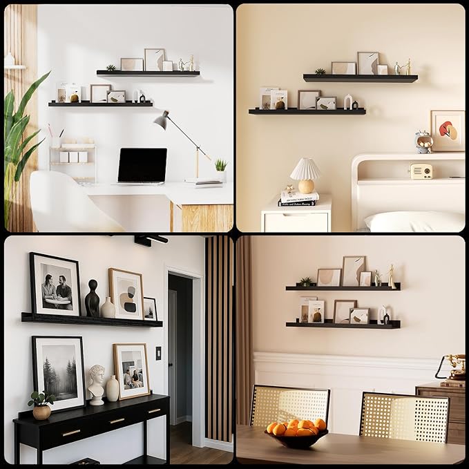 36inch Floating Picture Ledge Shelves 2-Pack, Black Wall Mounted Shelves with Lip for Nursery, Kids Room, Living Room & Bedroom, Sturdy Floating Book Shelves for Photo Frames & Decor