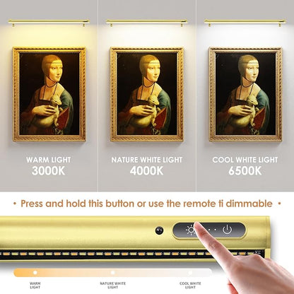 Battery Operated Wireless Picture Light，Rechargeable/Plugged in 31.5inch Painting Display Light,Remote Control Wall Lights with Three Modes and Timing for Art Frame (Gold)