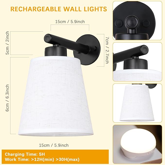 Battery Operated Wall Sconce Set of 2,Gold Rechargeable Wall Lights with Lampshade Dimmable RGB Bulbs and Remote,15 Colors Wireless Wall Lamps for Bedroom Living Room (Black)