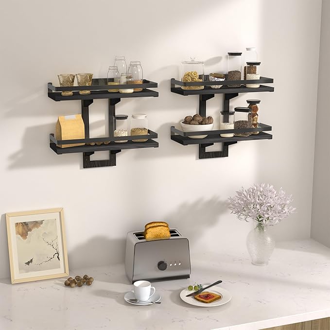 Floating Shelves for Wall, 2-Tier Wood Hanging Decor Storage Shelves, Wall Mounted Floating Shelf for Living Room, Bedroom, Bathroom,Kitchen, Office, Study (2-Pack Black)