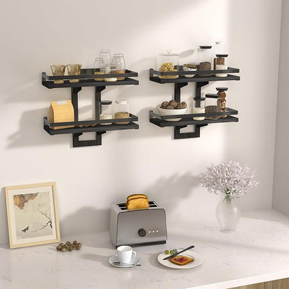 Floating Shelves for Wall, 2-Tier Wood Hanging Decor Storage Shelves, Wall Mounted Floating Shelf for Living Room, Bedroom, Bathroom,Kitchen, Office, Study (2-Pack Black)