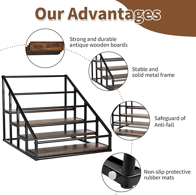 Coffee Syrup Rack Organizer,Liquor Bottle Display Shelf,Water cup display stand,Spice Rack Kitchen Cabinet Organizer,Rustic Brown,2 Packs 4 Tier 16 Bottle Coffee Syrup Holder