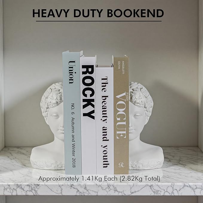 Modern Decorative Stone Bookends, Heavy Duty Book Ends Unique for Heavy Books, Cool Vintage Book Ends for Shelves & Office Desk, Thinker Sculpture Bookends