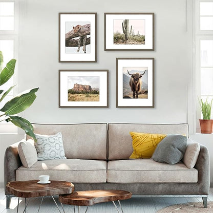 ATOBART 12x16 Picture Frame Set of 4, Displays 8x10 with Mat or 12x16 Without Mat, Photo Frames for Wall Hanging or Tabletop, Includes HD Plexiglass, Brown
