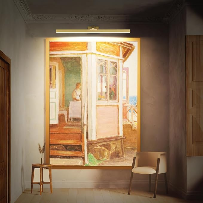 Picture Lights for Wall, Brushed Gold Battery Operated Picture Light 24in Art Light CCT Dimmable Recharging Battery Wall Light with Remote Control for Living Room Gallery