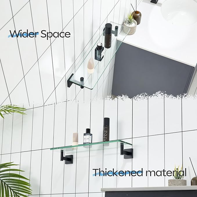 KOKOSIRI Bathroom Shelves Glass Floating Shelf 20-Inch for Bedroom Living Room Kitchen Hanging Rack Rustproof Wall Mounted Black 2 Pack B1105BK-L20-P2