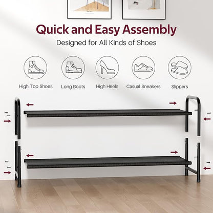 SLEEPING LAMB Long 2-Tier Shoe Organizer for Closet, Stackable Wide Shoe Rack Holds 18-Pairs Low Shoe Shelf Storage for Bedroom, Floor, Entryway(Black)