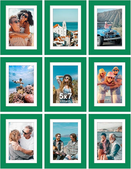 Vittanly 5x7 Picture Frames Set of 9, Shatter Resistant Plexiglass, Display 4x6 Pictures with Mat or 5x7 without Mat, Photo Frames for Wall or Tabletop, Engineered Wood, Green