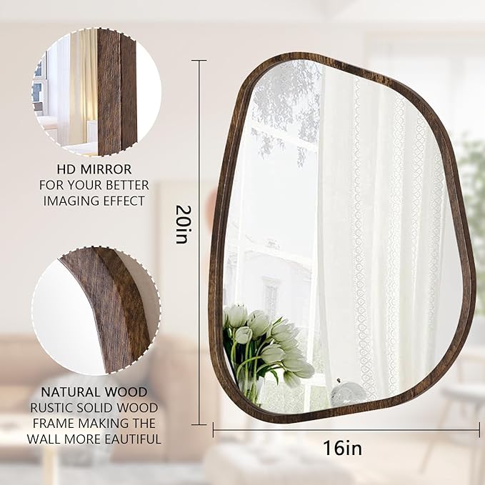 Asymmetrical Mirror Irregular Oval Wall Mirror Modern Wood Frame Unique Shape Wall Mounted Vanity Artistic Mirror Decorative for Living Room Bedroom Bathroom Entryway Hallway 20