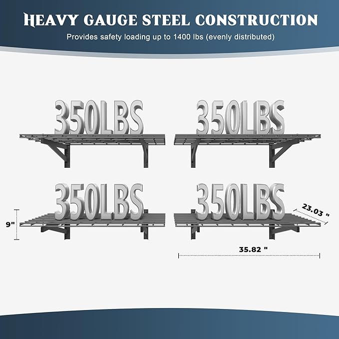 4 Pack Heavy Duty Garage Wall Shelving Set (2x3ft), Wall Mounted Garage Shelves 1400lbs Capacity, 24